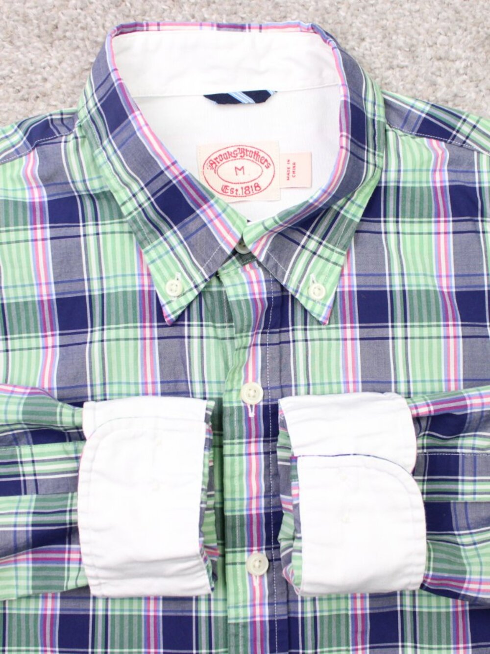Brooks Brothers Shirt Mens Medium Green/Purple/Blue Flip Cuff Cotton Long Sleeve